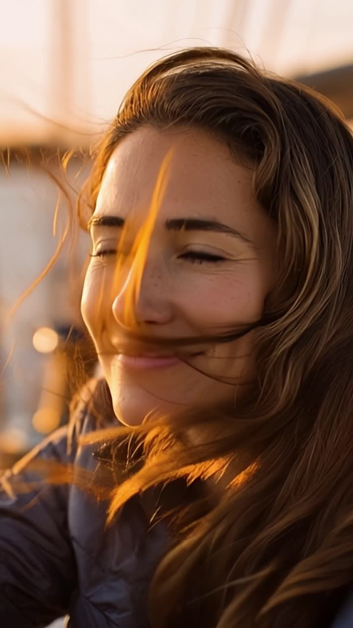 Captivating Moments of Joy: A Woman's Serene Smile Illuminated by the Golden Hour, Reflecting Happiness and Peace by the Water's Edge in a Warm Sunset Glow