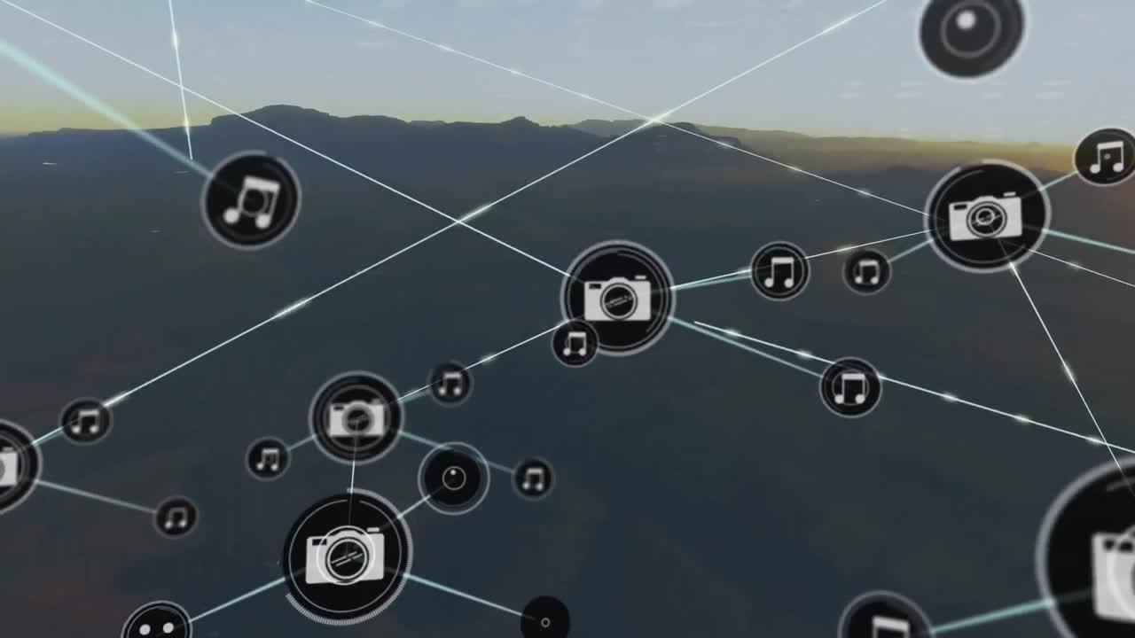 하늘을 배경으로 산의 실루에 대한 선으로 연결된 아이콘의 애니메이션