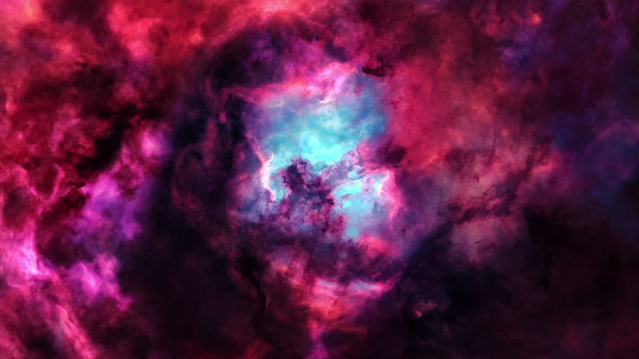 Seamless loop galaxy exploration through dark purple red blue Cloud glowing colorful mystery nebula. 4K animation of flying through glowing red purple blue nebulae, clouds and stars field. Furnished by NASA image.
