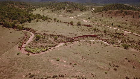 Antena-De-Camino-De-Tierra-Sin-Nadie-En-Un-Hermoso-Día-En-El-Desierto-Suroeste-De-Colorado,-EE.UU.