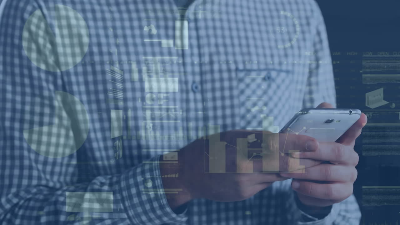 animación del procesamiento de datos estadísticos contra la sección media de un hombre que usa un teléfono inteligente