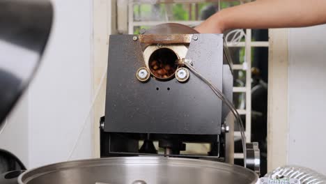 industrial coffee roasting machine, hot vaping barista equipment pouring grains into big pan, making process