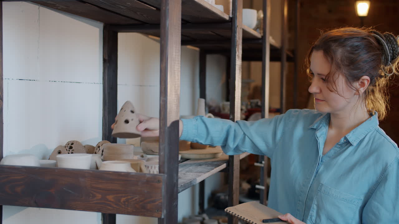 Woman Artist Inspecting Pottery in Studio