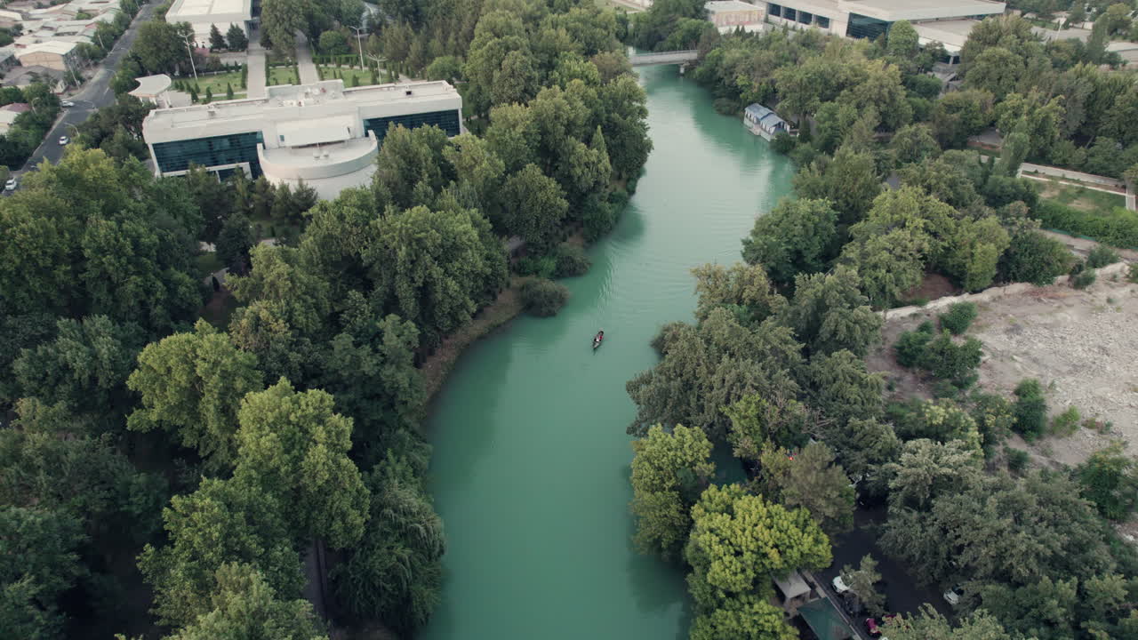 Aerial View of a River Flowing Through Lush Green Trees with a Boat