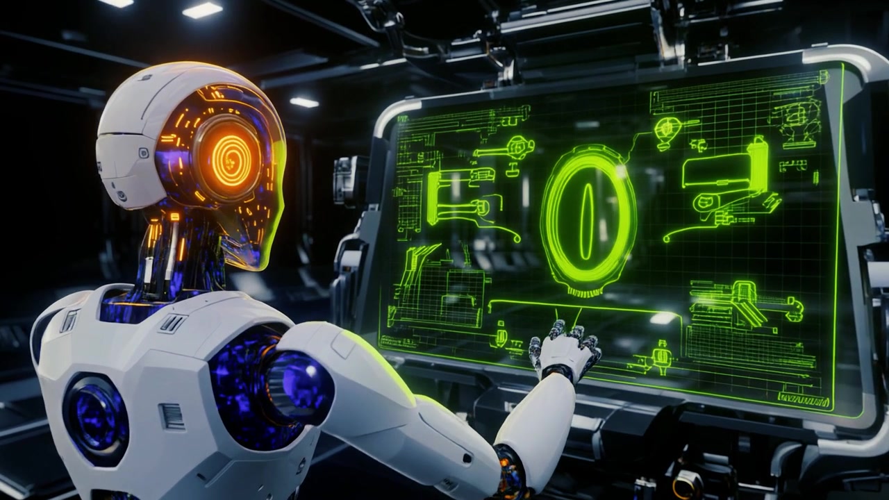Advanced Robot Interacting with Holographic Interface in Futuristic Laboratory