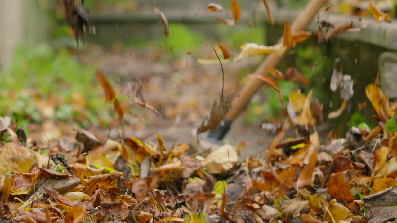 Man Picking Up Autumn Fall Leaves to Clear Garden Waste from Garden in Slow Motion with Broom in Background 4K