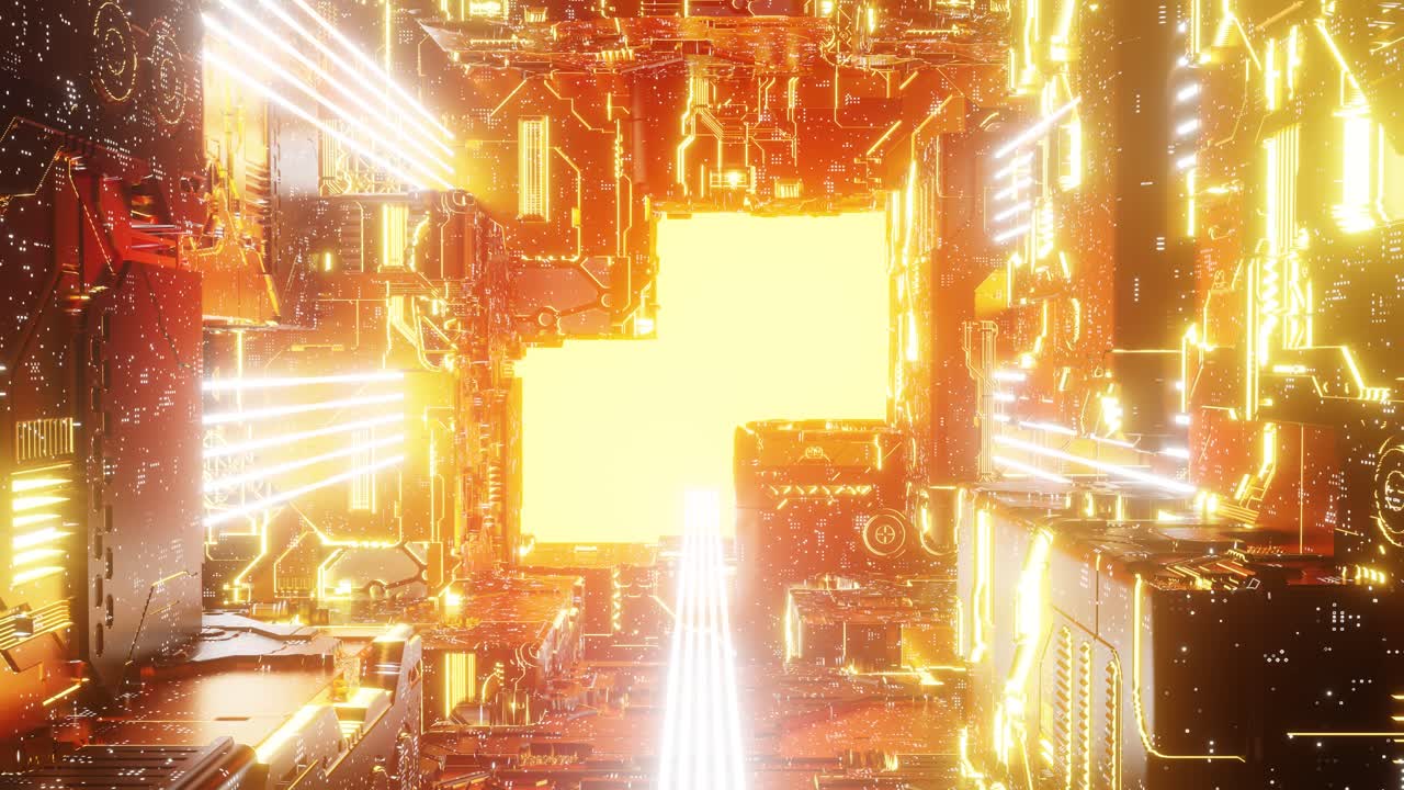 Glowing corridor of futuristic spaceship. 3d animation