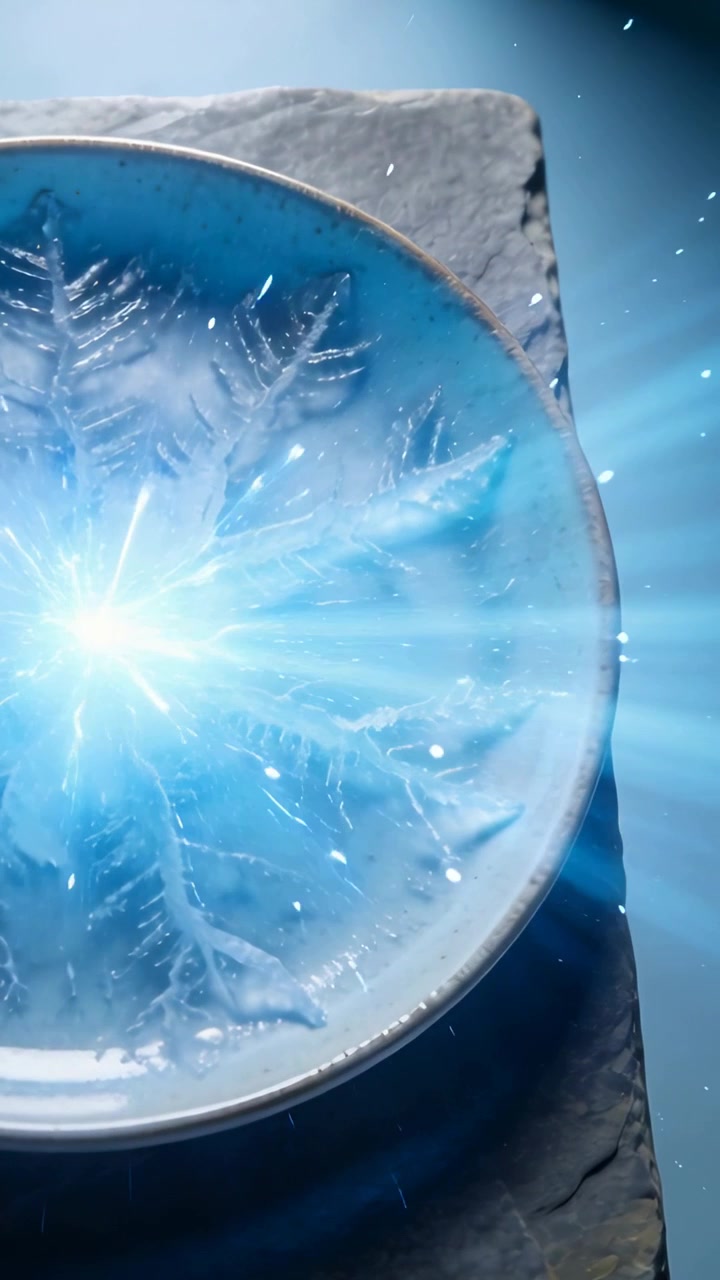 Vertical video: Sweeping lamp beam revealing ceramic bowl snowflake on blue table with slate
