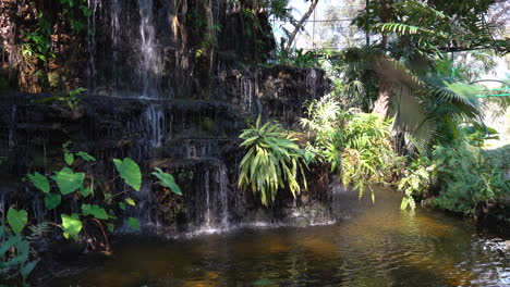 Ein-Kleiner-Künstlicher-Indoor-Wasserfall,-Bei-Dem-Das-Wasser-über-Die-Felsen-Und-Durch-Die-Vielen-Tropischen-Pflanzen-Fällt