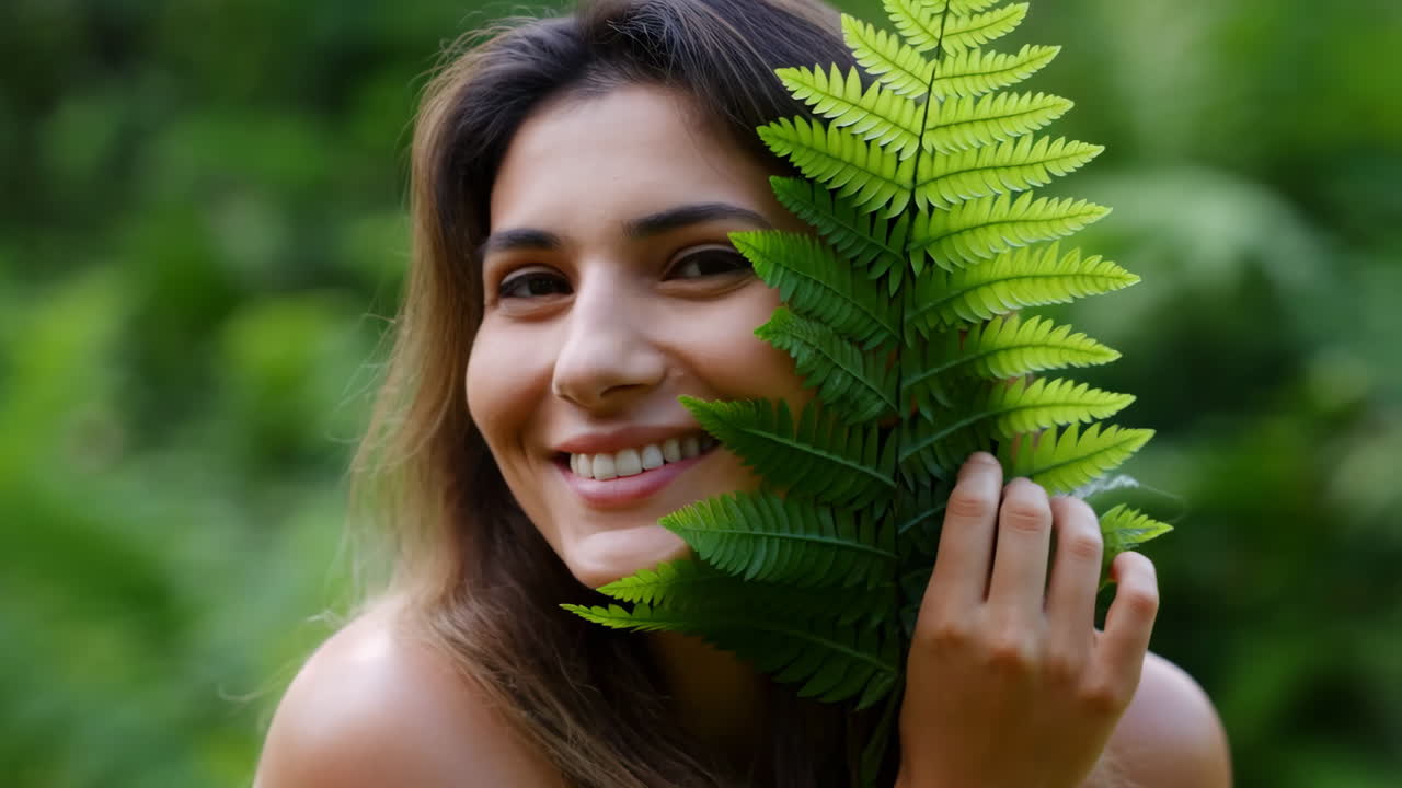Mujer sonriendo sosteniendo un helecho