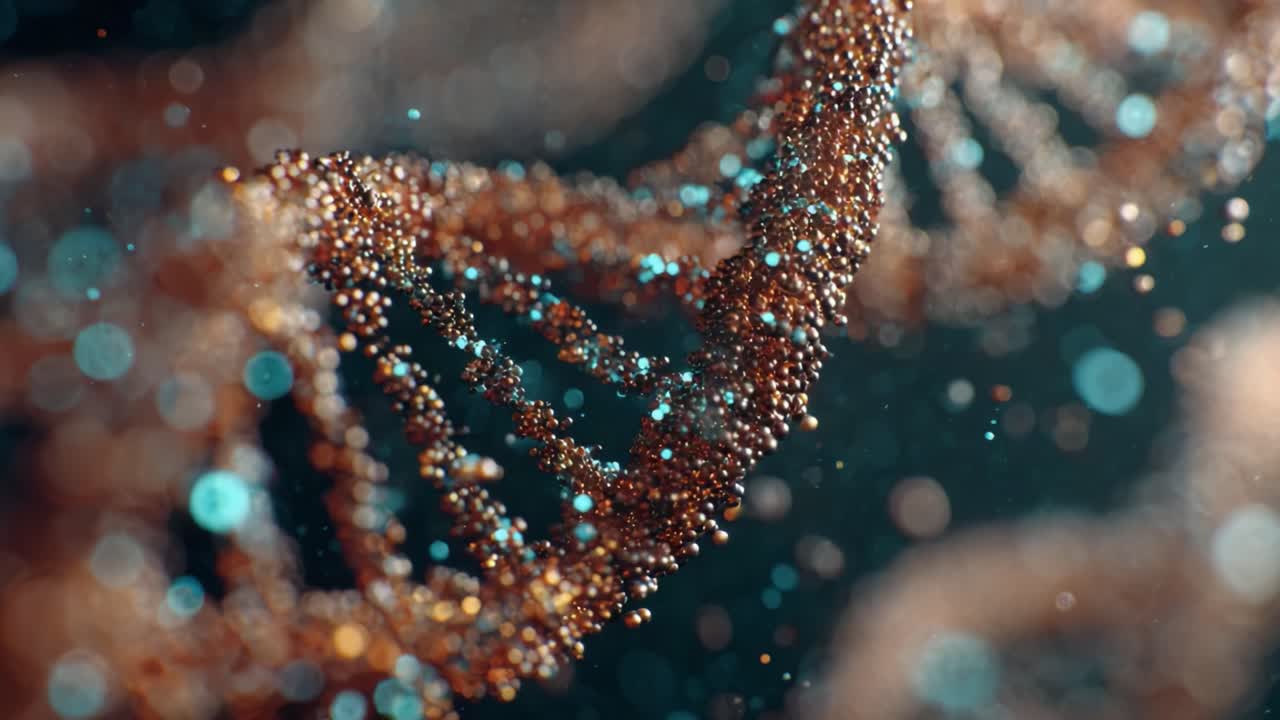 A Captivating Visualization of DNA Helix Structure, Showcasing Its Intricate Design with Detailed Particles and Glimmering Effects in a Lush Background