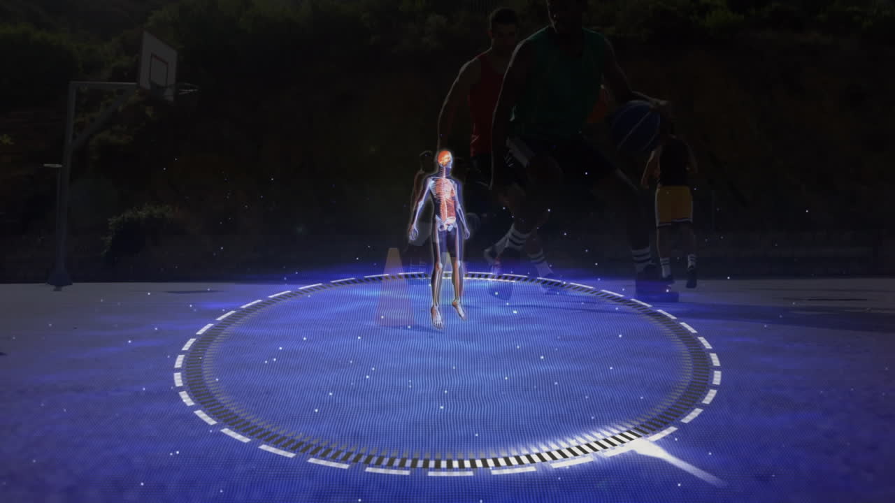 modelo del cuerpo humano sobre escáner redondo y ondas digitales contra el equipo de jugadores de baloncesto practicando