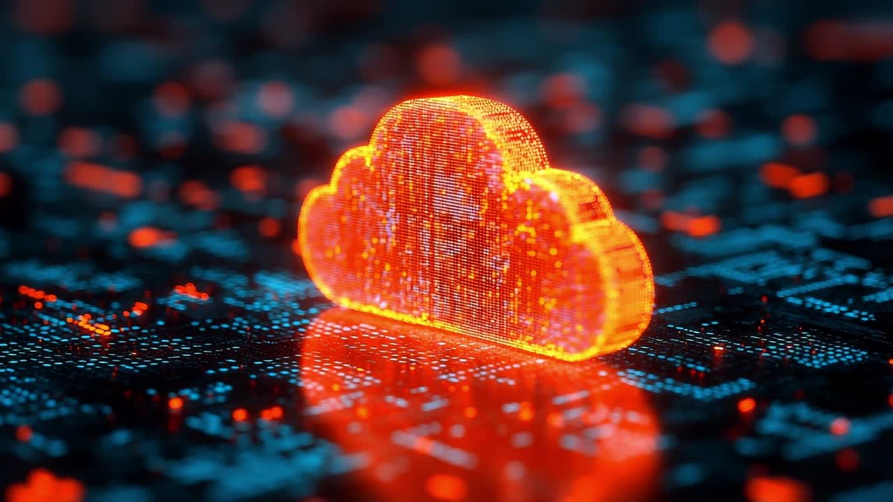 Orange cloud on digital bg. A glowing orange cloud emblem sits on a vibrant digital interface with intricate patterns and data points.