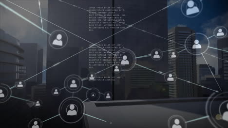 network of connections and data processing animation over cityscape with buildings