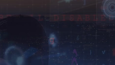 animación de círculos, radares, textos múltiples, letras, símbolos y números sobre un fondo abstracto.