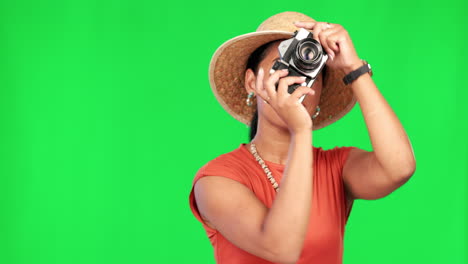 green screen, photographer and woman on vacation