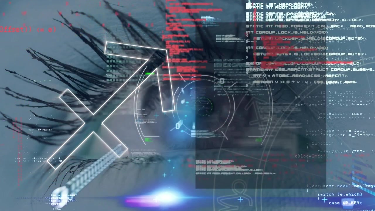 Animation of sign and data processing over eye of caucasian woman