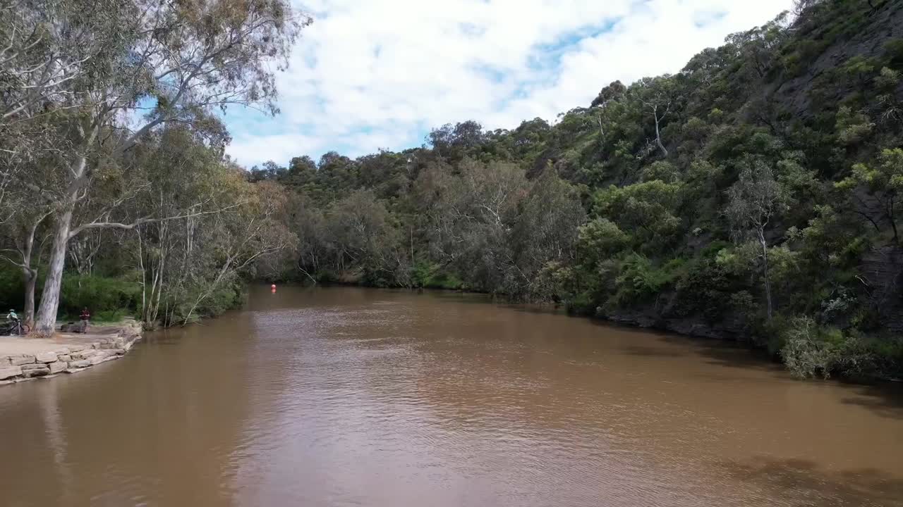 ancho río que fluye rodeado de árboles densos río maribyrnong, melbourne