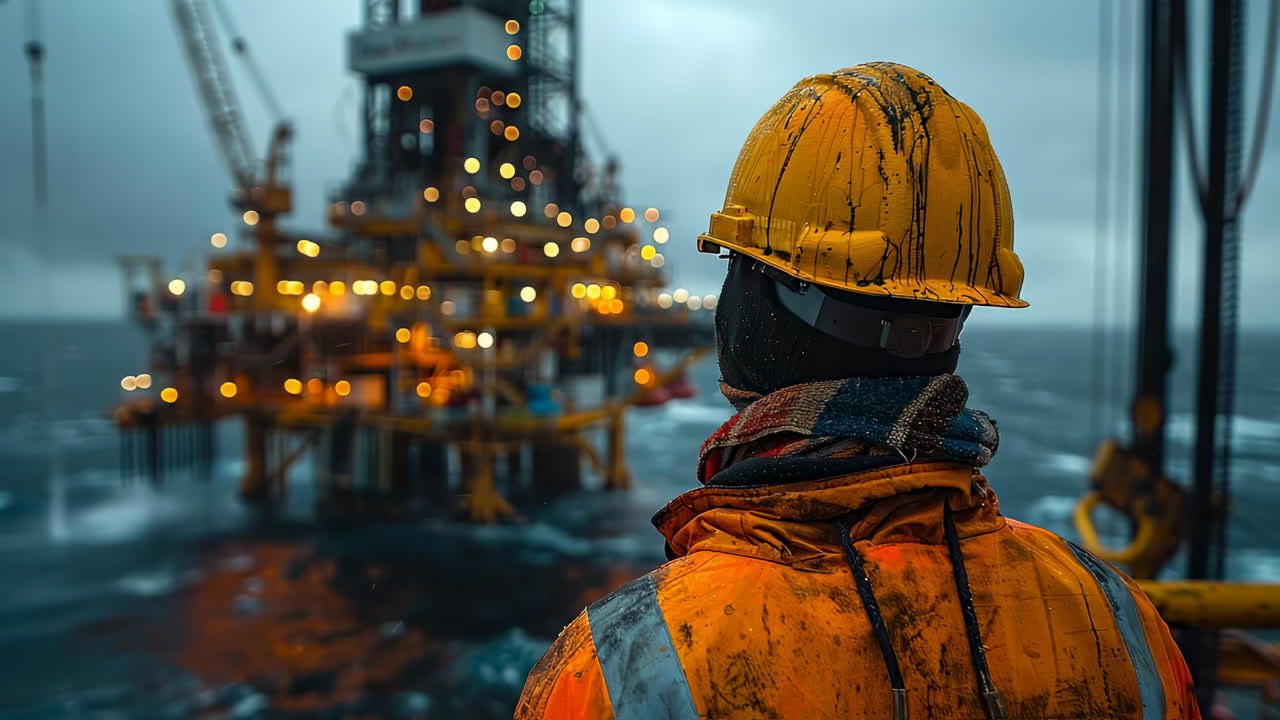 En arbejder holder øje med boreriggen i skumringen. En arbejder med en gul hjelm overvåger en offshore borerig, mens bølgerne slår ind nedenfor tidligt om aftenen