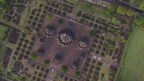 top down view of prambanan hindu temple complex in java