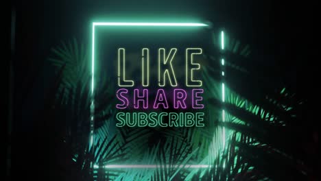 Animation-Von-Like-Share-Subscribe-Text-über-Neonform-Und-Blättern-Auf-Schwarzem-Hintergrund