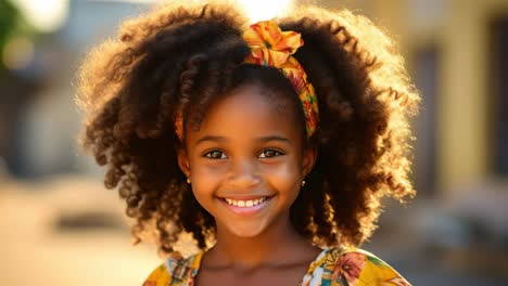 adorable young girl with big curly hair and colorful headband smiling brightly in warm sunlight, creating a heartwarming portrait of childhood innocence and joy