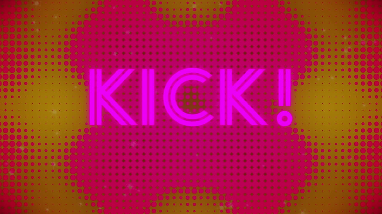 animación de texto de patada sobre manchas en fondo amarillo.