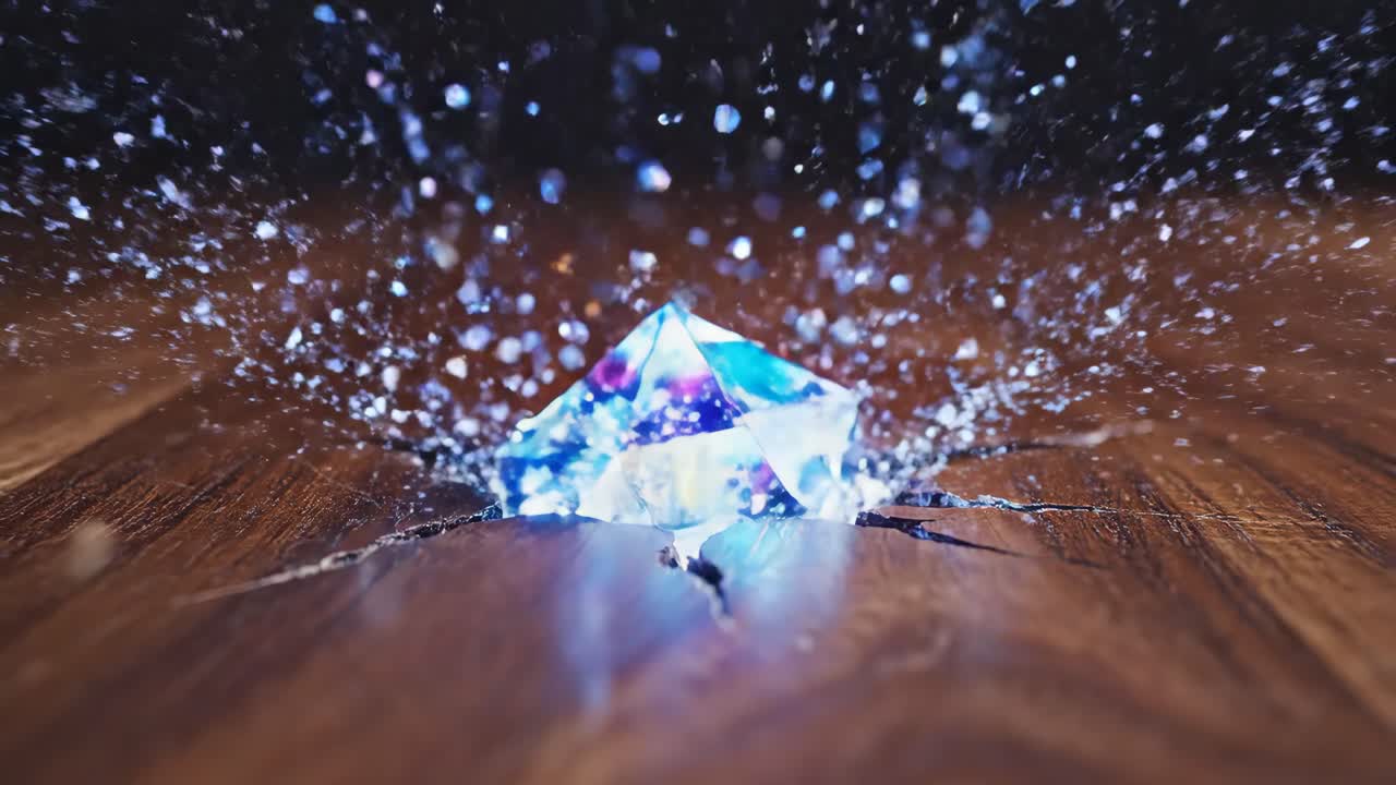 Crystal Cube Breaking Through Wooden Surface