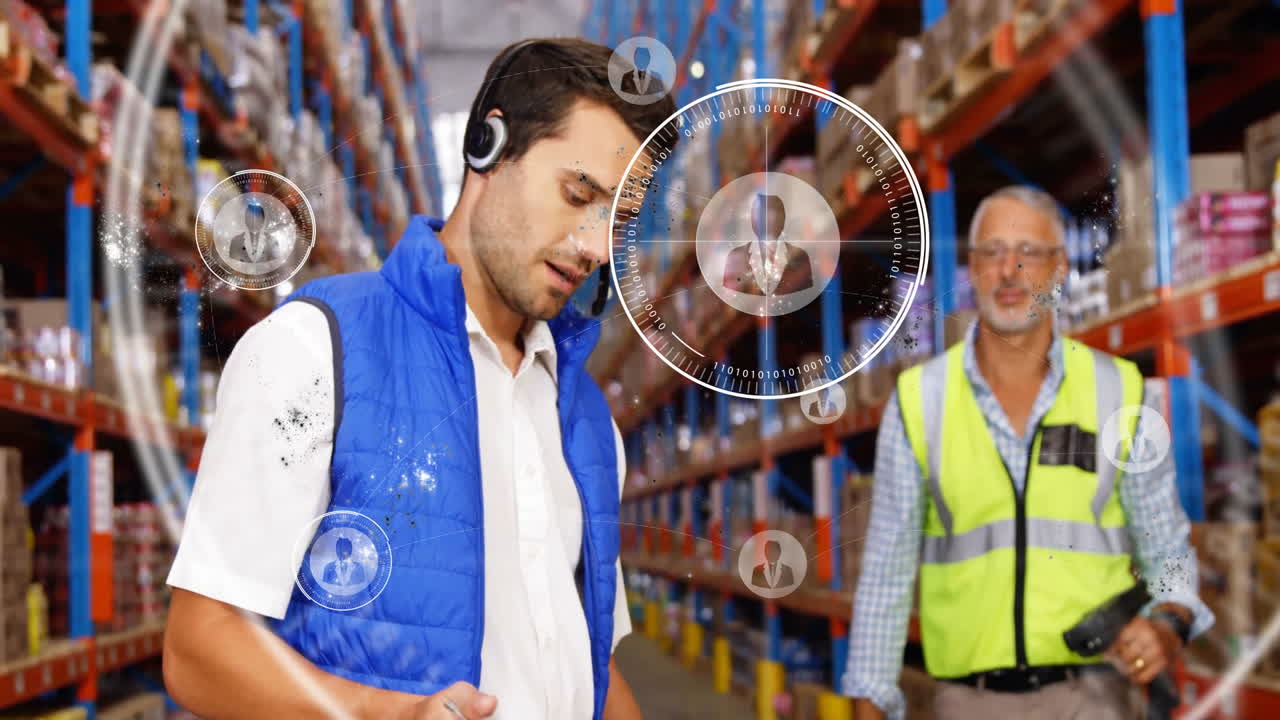 In warehouse, workers using technology with animation of digital network connections