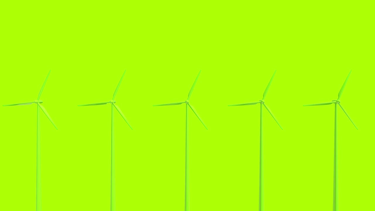 coloridas turbinas eólicas de trabajo aisladas en un fondo simple. concepto minimalista creativo de sistema de almacenamiento de energía. animación 3d digital en bucle.