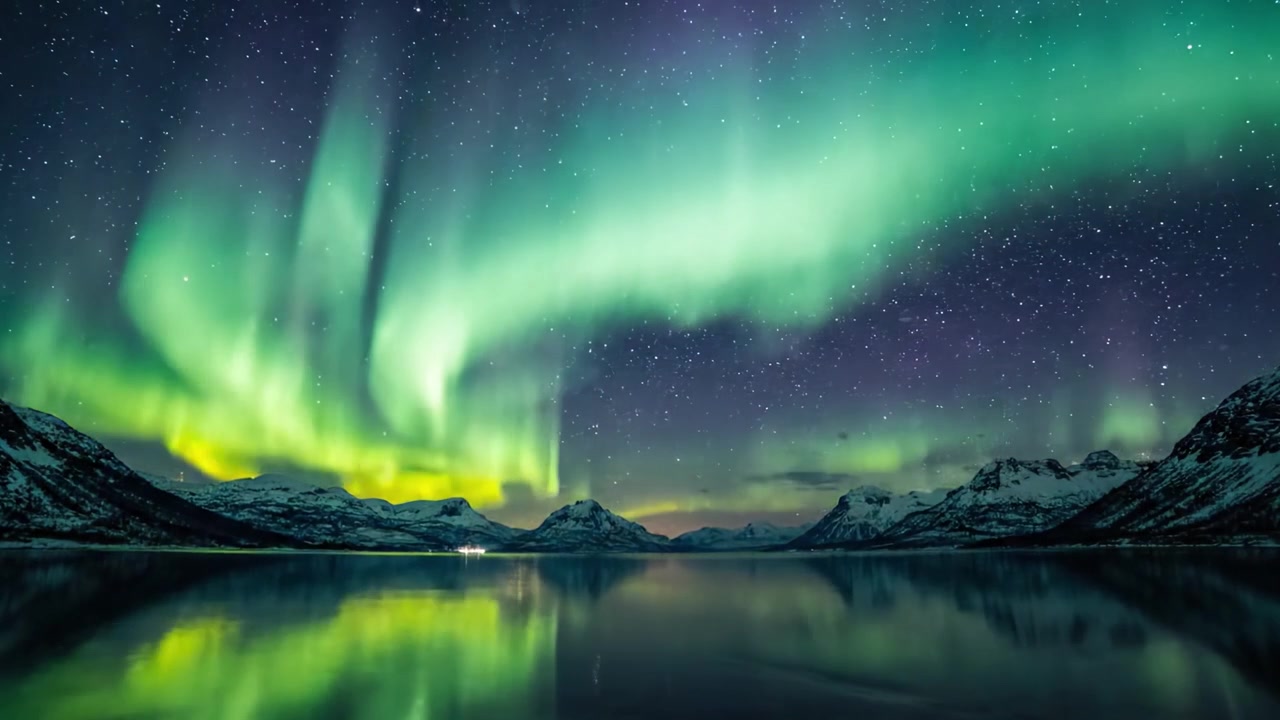 Uno spettacolo mozzafiato di aurora boreale che illumina il cielo notturno sopra un tranquillo lago di montagna, catturato in vivaci sfumature di verde e viola.