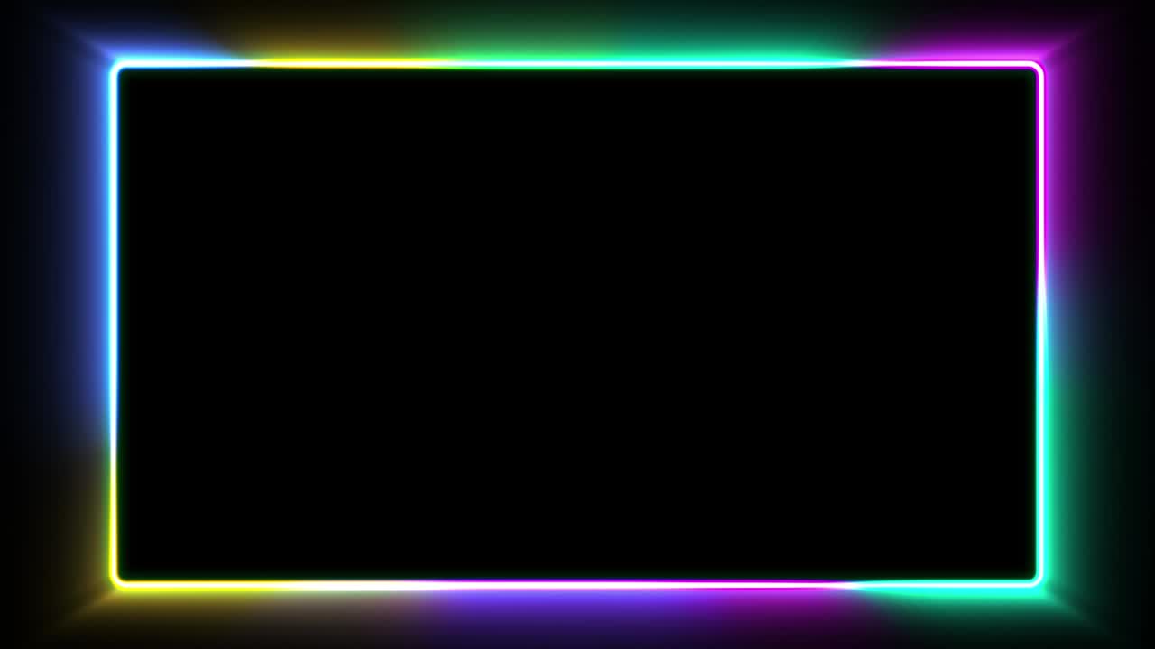 Neon colorful rectangular frame with shining effects on black background with copy space. Empty glowing techno backdrop. Seamless looping. Video animated background.