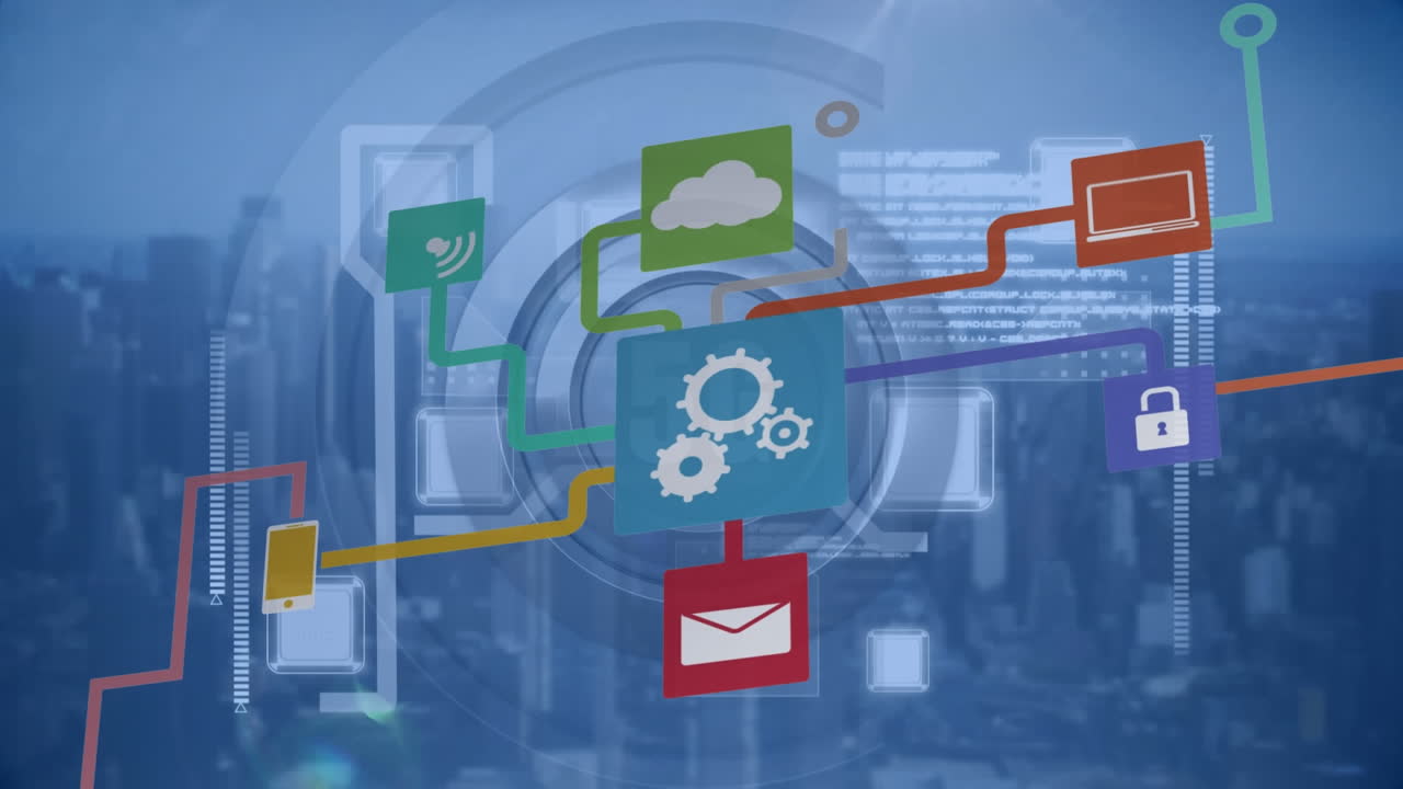 Animation of media icons and data processing over cityscape