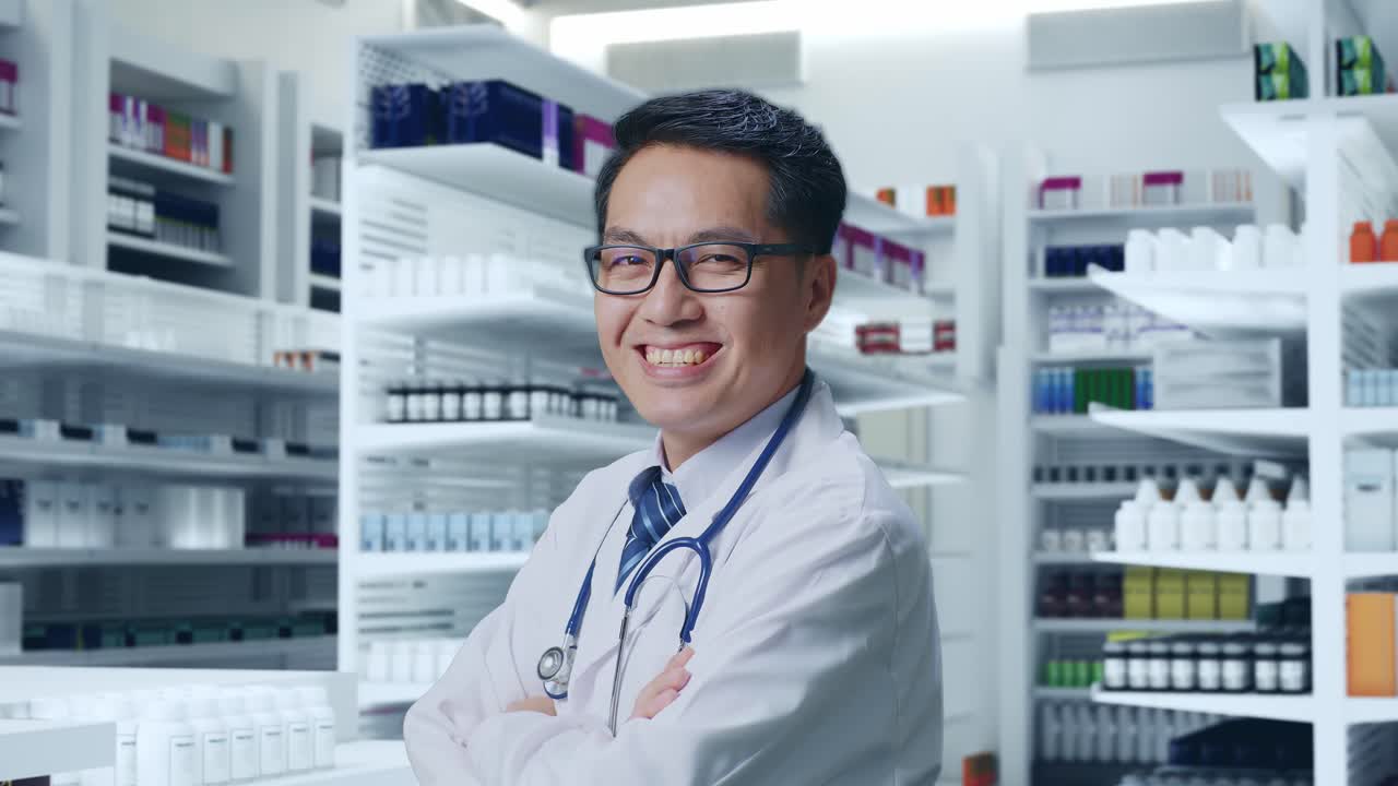 스테토스코프를 들고 약국에서 팔을 고 미소 짓는 아시아 남성 의사