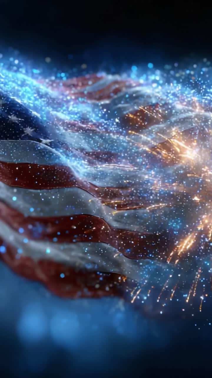 Una rappresentazione spettacolare di una bandiera che sventola, adornata di scintille e luci scintillanti, che cattura l'essenza della celebrazione e del patriottismo in un movimento vivido e colori vibranti