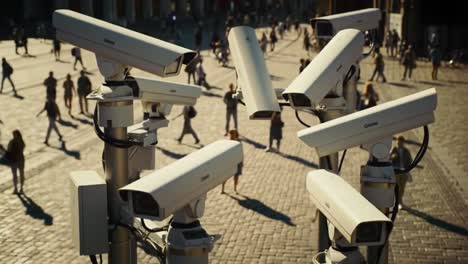 surveillance cameras overseeing crowded urban area highlighting public safety and security measures in modern cityscapes