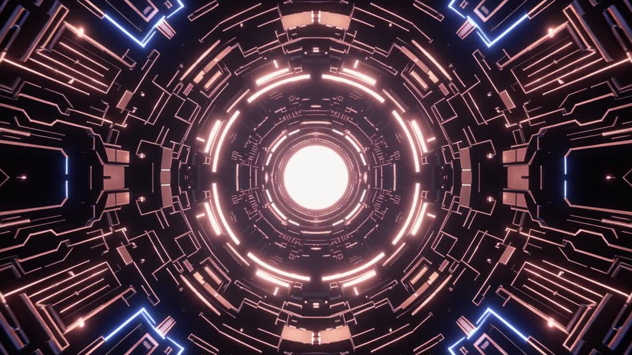 Volo attraverso un tunnel digitale neon futuristico