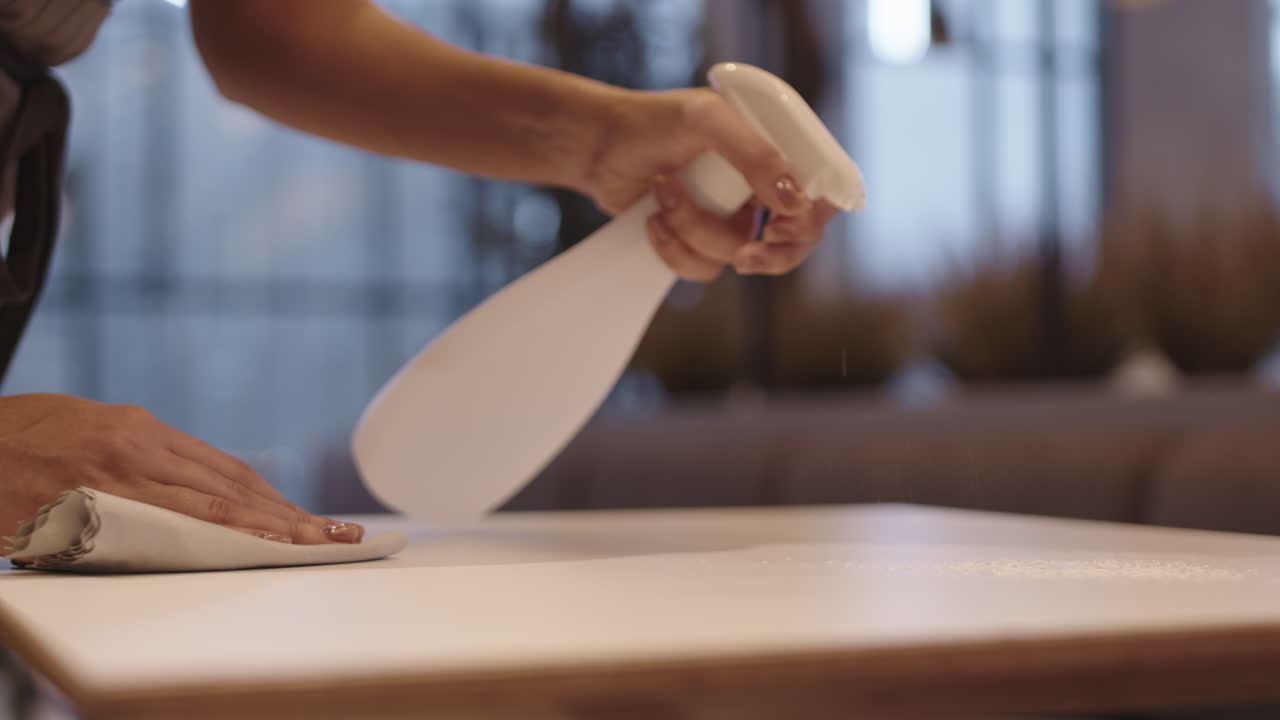 Unrecognizable Person Disinfecting Table
