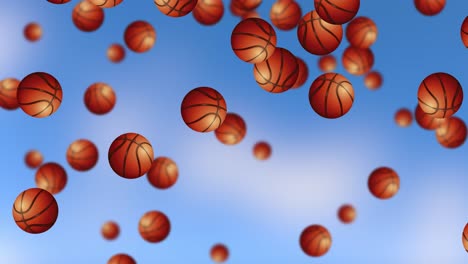 numerous basketballs descending against a blue sky