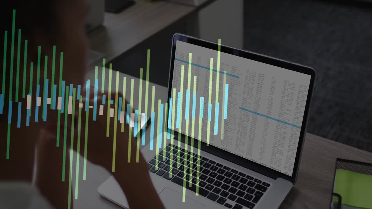 Woman reviewing data on laptop while audio generating pulsing waveform overlay visualizing sound