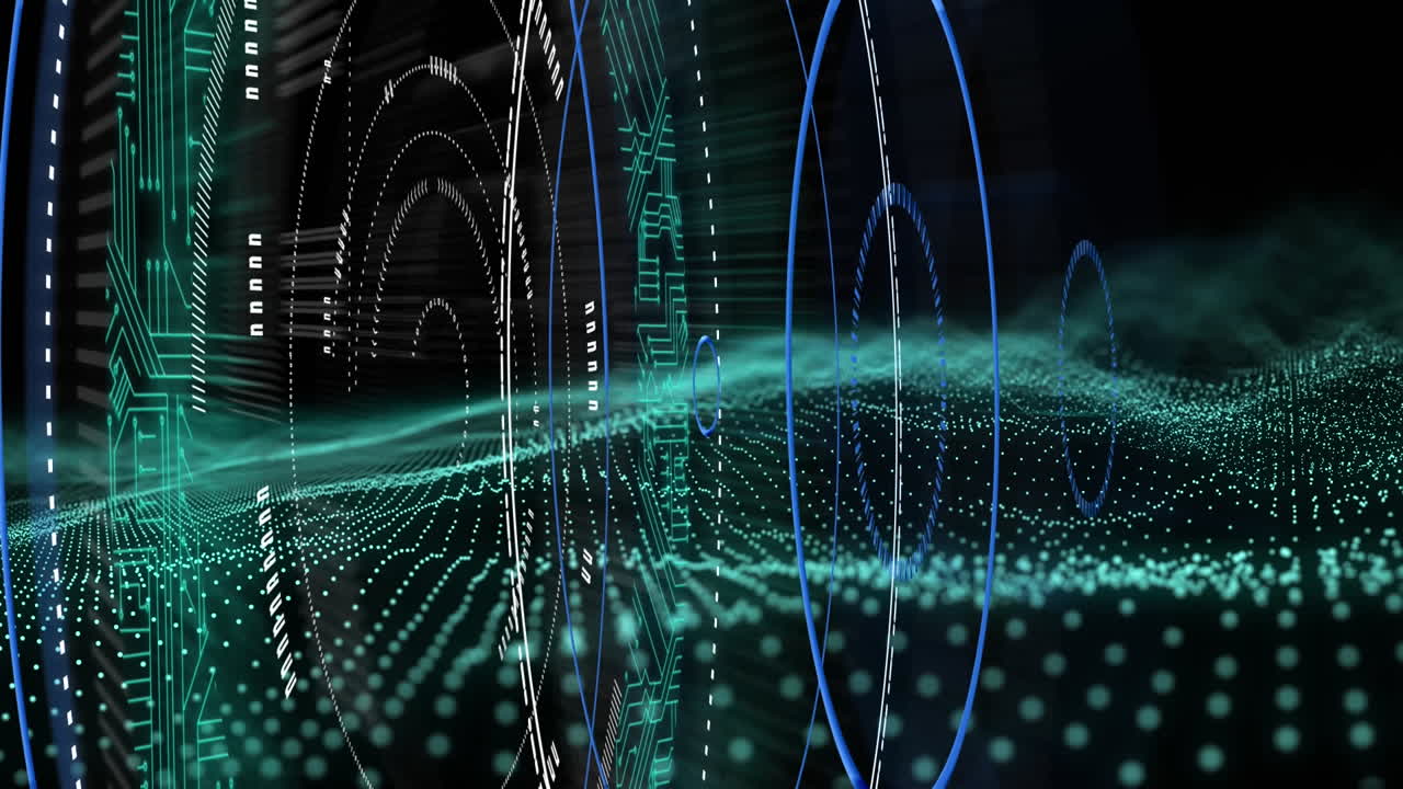 검은 바탕에 초록색 디지털 파동 위에 여러 개의 둥근 스캐너의 디지털 애니메이션