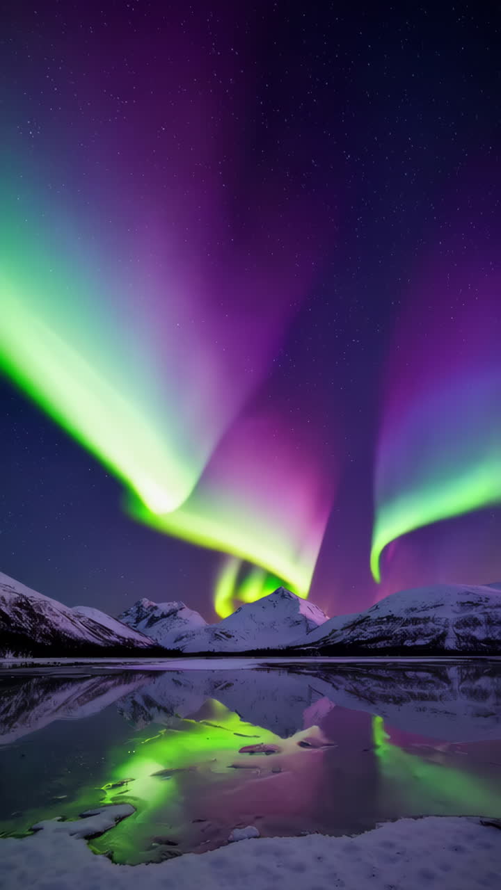 Vibrant Northern Lights over Snowy Mountains and Reflecting Lake