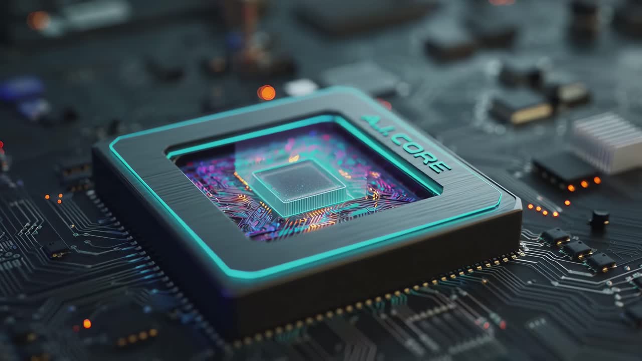 Close-up, angled view of a futuristic AI chip on a circuit board, perfect for tech video content