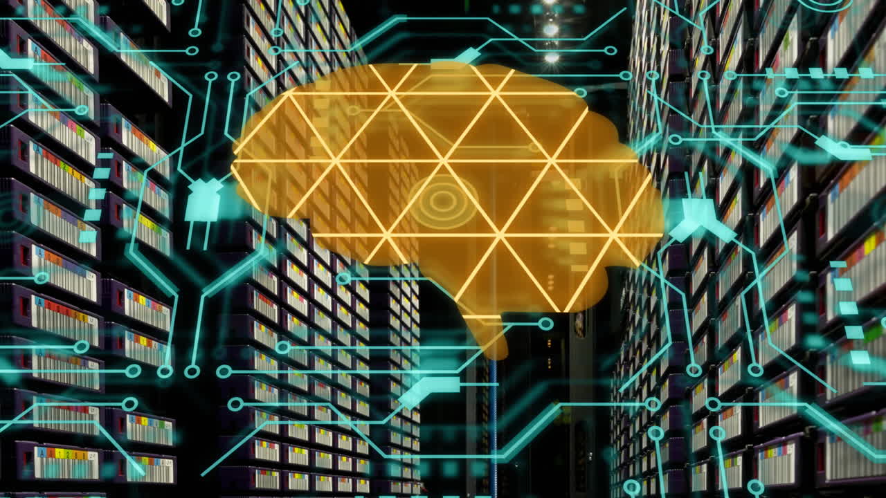Animation of human brain, connections and data processing over circuit board and server