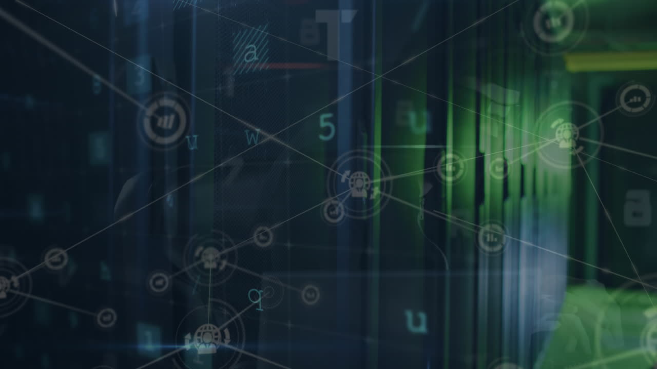 animación de gráficos conectados e íconos de globos con múltiples palabras y letras en la sala del servidor