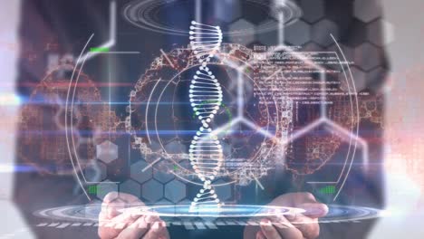 animation of dna strand and data processing over caucasian businessman