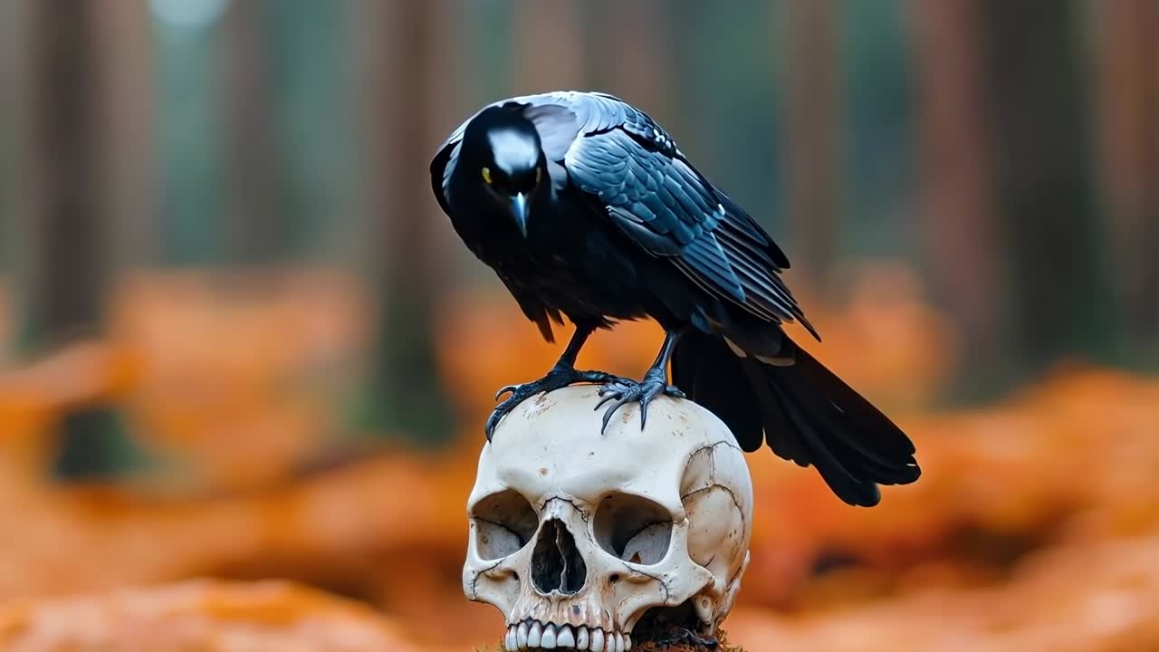 un pájaro negro sentado en la parte superior de un cráneo