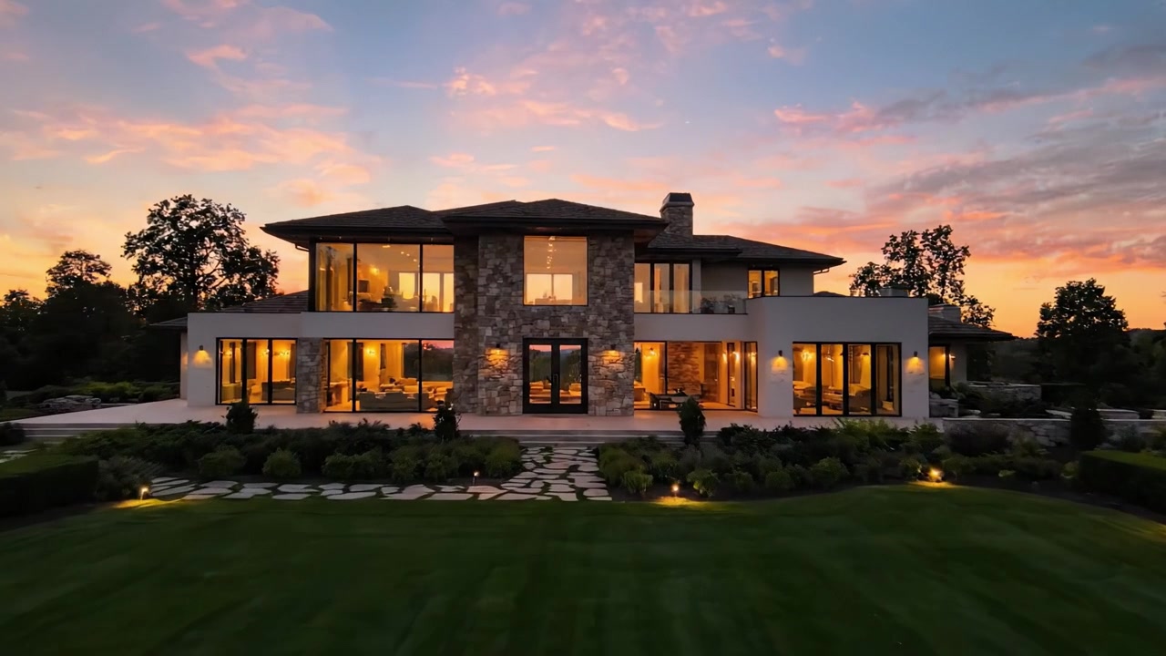 Stunning Modern Mansion at Sunset: A Captivating View of the Architectural Beauty Surrounded by Lush Greenery and a Vibrant Sky