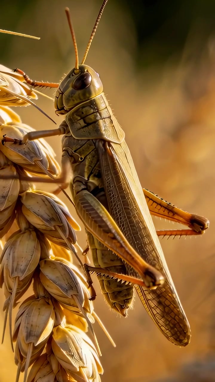 Video verticale: Cavalletta che si aggrappa e sposta la presa su uno stelo di grano maturo, con le antenne che si muovono.