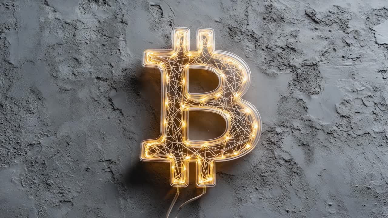 Illuminated Bitcoin Symbol on Textured Grey Wall - A Visual Representation of Modern Cryptocurrency Trends and Digital Currency Popularity